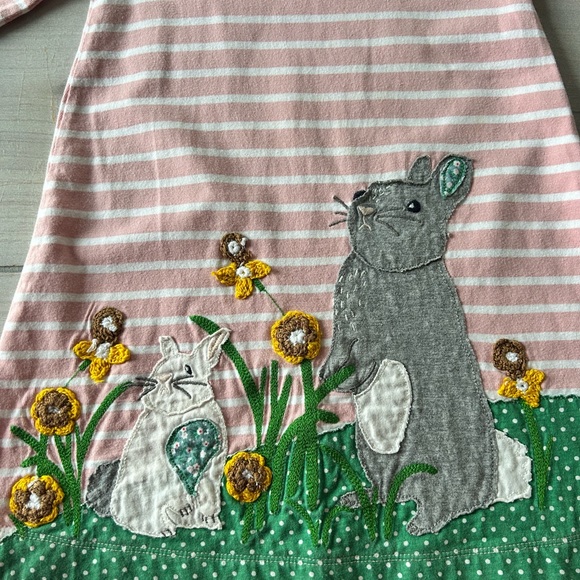 Mini Boden Pink Striped Dress with Bunny and Floral Appliqué - Picture 2 of 3